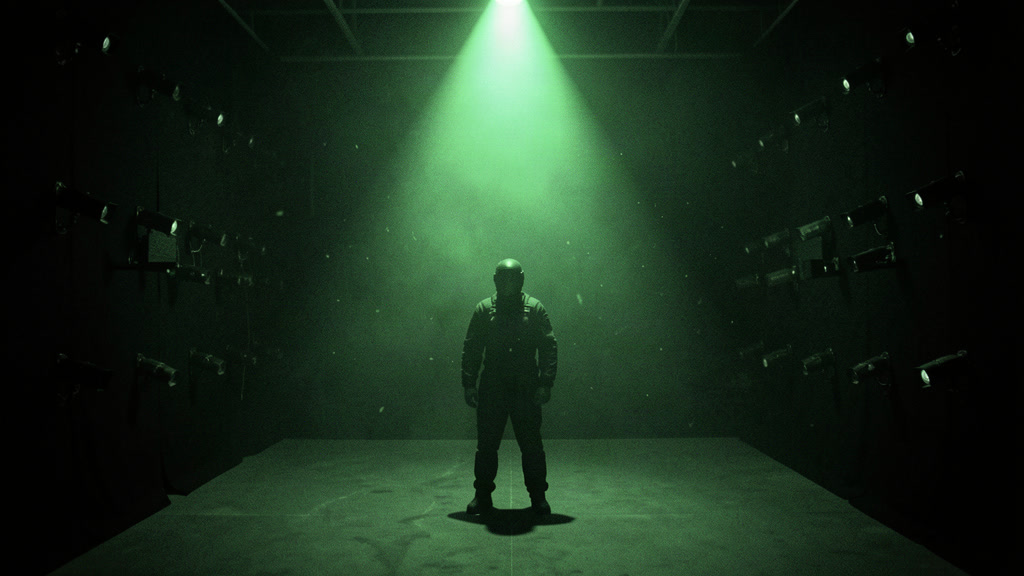 A figure in a motion-capture suit standing alone on a dark stage under a single green key light.